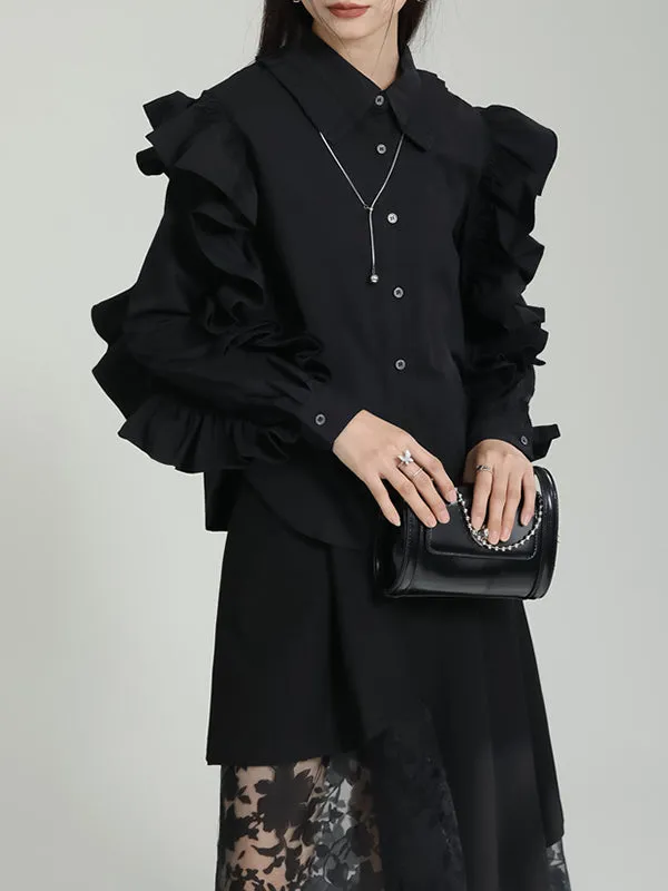 Falbala Pleated Solid Color Long Sleeves Lapel Blouses&shirts Tops
