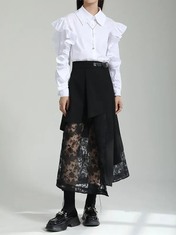 Falbala Pleated Solid Color Long Sleeves Lapel Blouses&shirts Tops