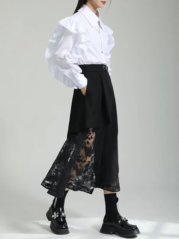 Falbala Pleated Solid Color Long Sleeves Lapel Blouses&shirts Tops