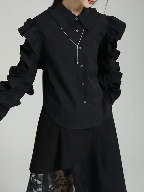 Falbala Pleated Solid Color Long Sleeves Lapel Blouses&shirts Tops