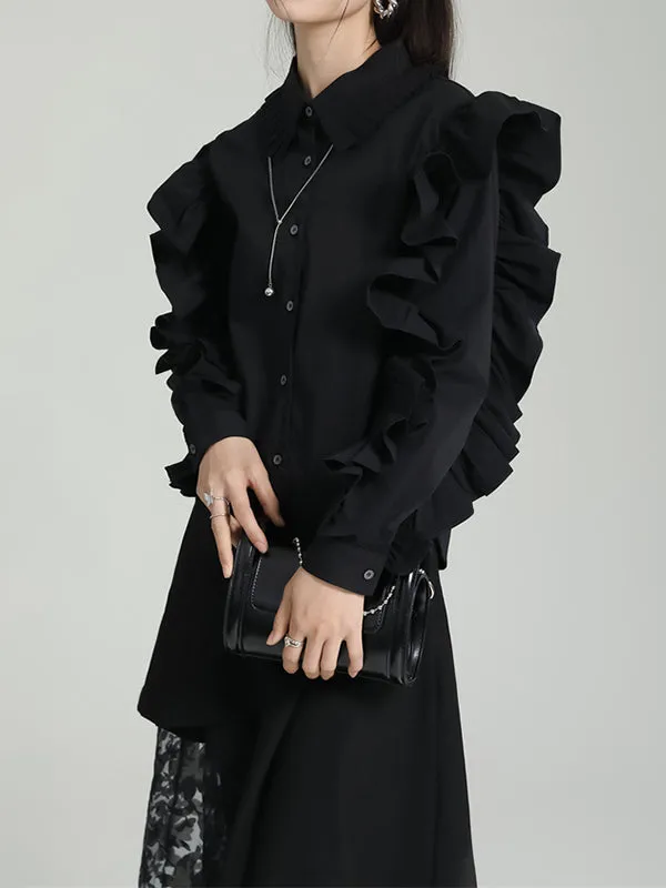 Falbala Pleated Solid Color Long Sleeves Lapel Blouses&shirts Tops
