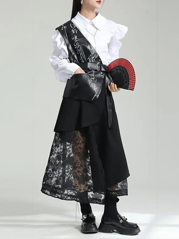 Falbala Pleated Solid Color Long Sleeves Lapel Blouses&shirts Tops
