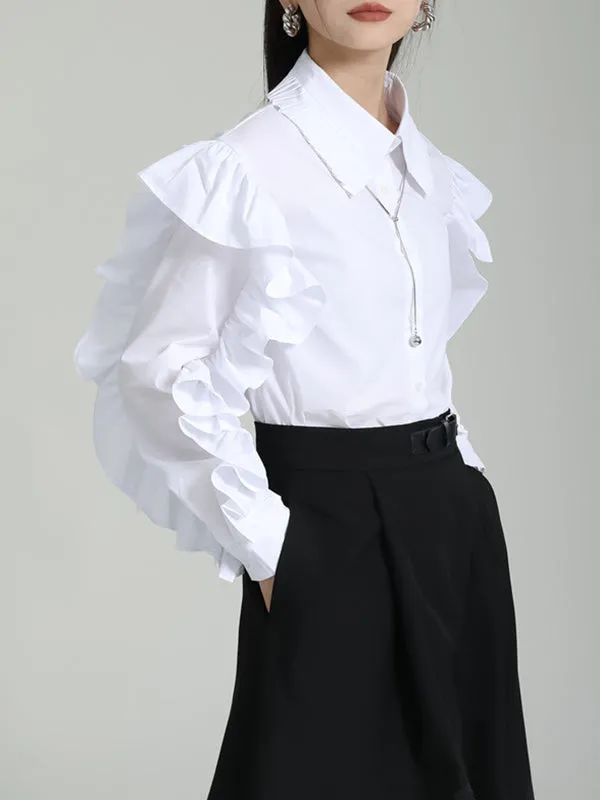 Falbala Pleated Solid Color Long Sleeves Lapel Blouses&shirts Tops