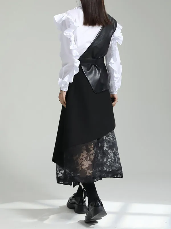 Falbala Pleated Solid Color Long Sleeves Lapel Blouses&shirts Tops