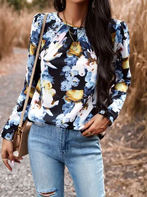 Flower Print Pleated Long Sleeves Loose Round-neck Shirts Tops