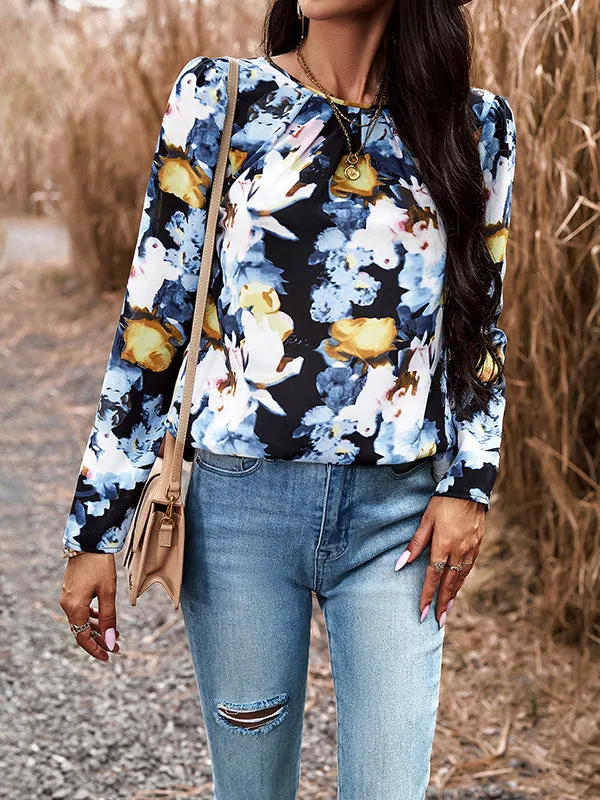 Flower Print Pleated Long Sleeves Loose Round-neck Shirts Tops