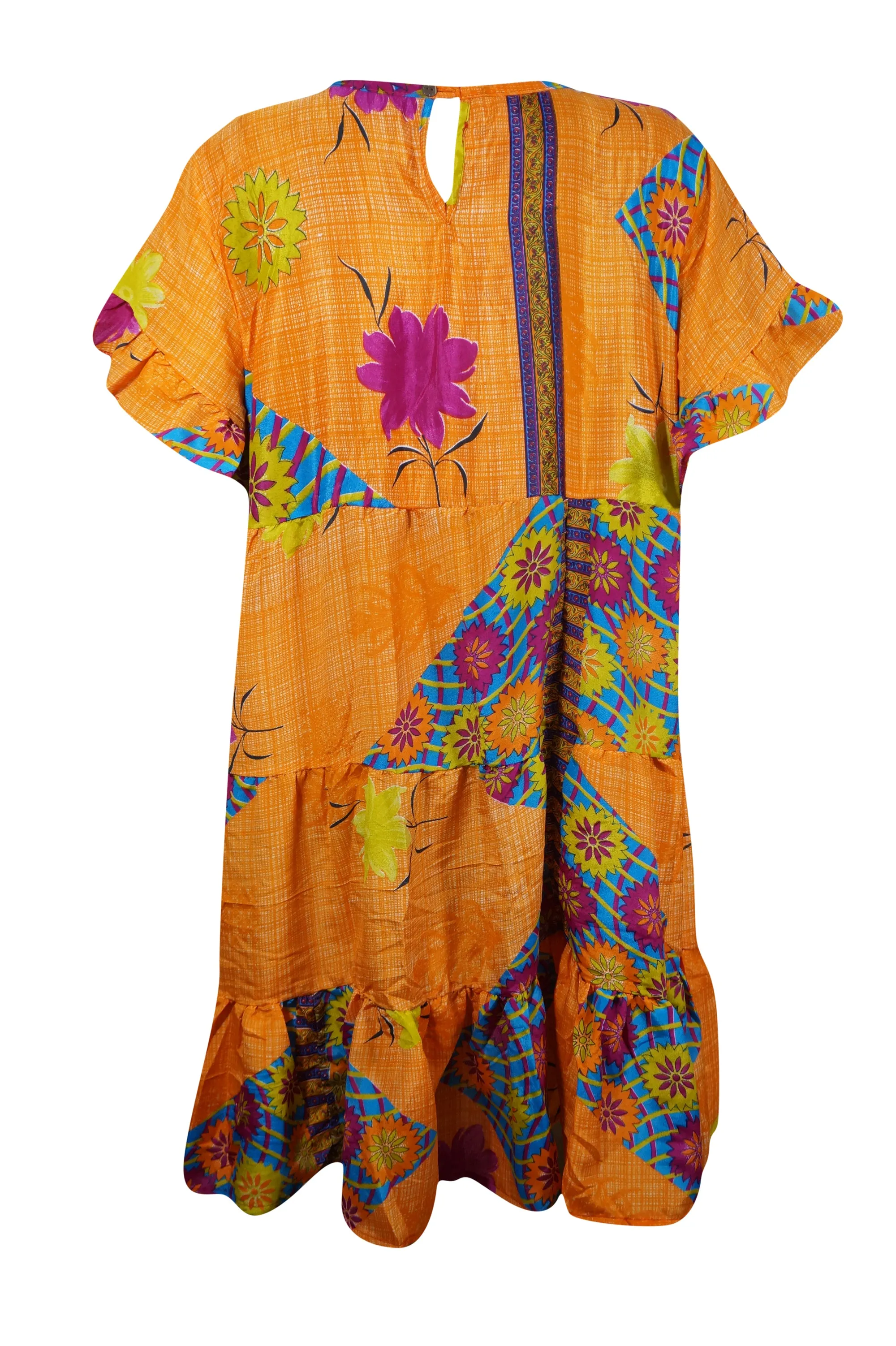 Flutter Sleeve Boho Dress, Orange, Floral, Casual, Recycle Silk Tiered Short Dresses M