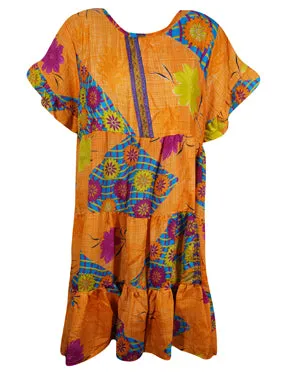 Flutter Sleeve Boho Dress, Orange, Floral, Casual, Recycle Silk Tiered Short Dresses M