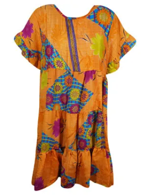 Flutter Sleeve Boho Dress, Orange, Floral, Casual, Recycle Silk Tiered Short Dresses M