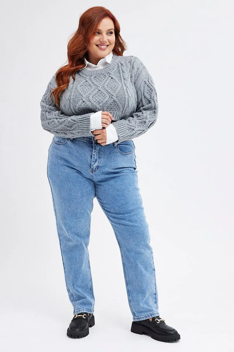 Grey Cable Knit Jumper Crop Faux Layered