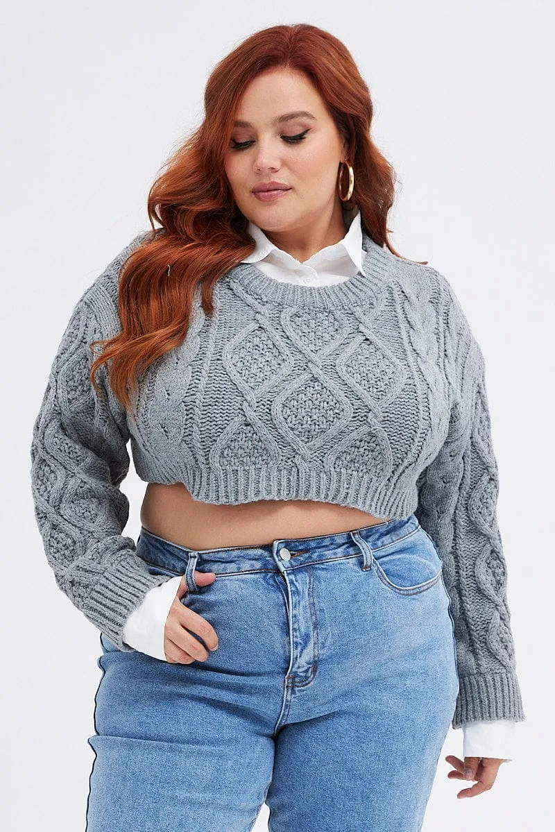 Grey Cable Knit Jumper Crop Faux Layered