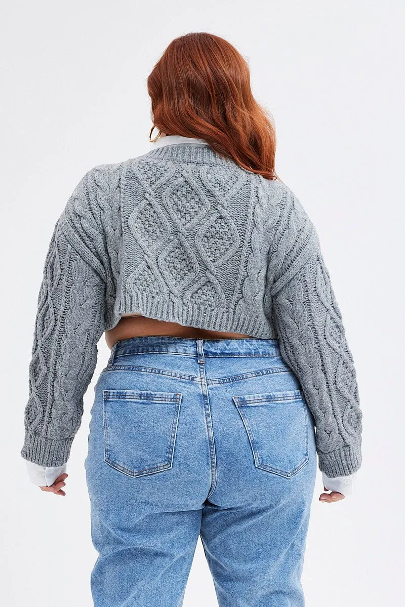 Grey Cable Knit Jumper Crop Faux Layered