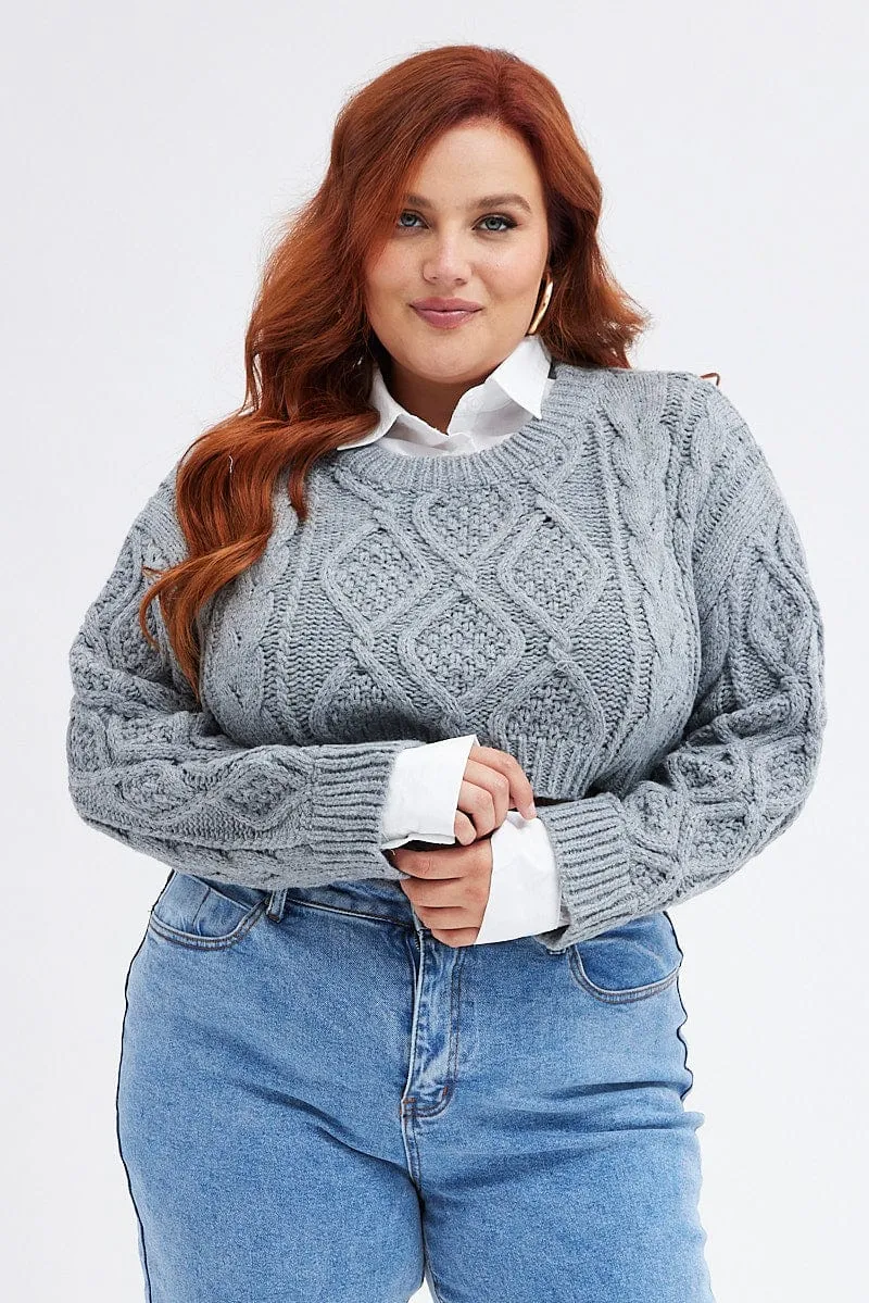Grey Cable Knit Jumper Crop Faux Layered