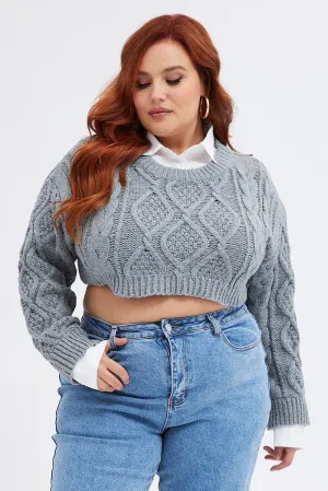 Grey Cable Knit Jumper Crop Faux Layered