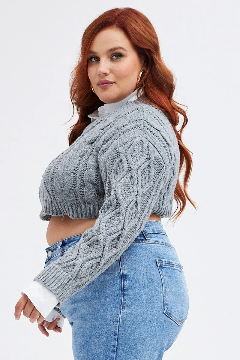 Grey Cable Knit Jumper Crop Faux Layered