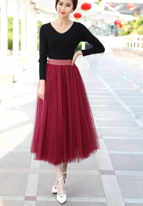 Hoombox Wine Red Tulle Long Skirt, Women Tulle Skirts, Fashionable Women Skirts