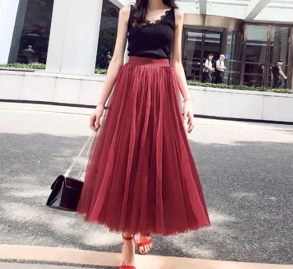 Hoombox Wine Red Tulle Long Skirt, Women Tulle Skirts, Fashionable Women Skirts