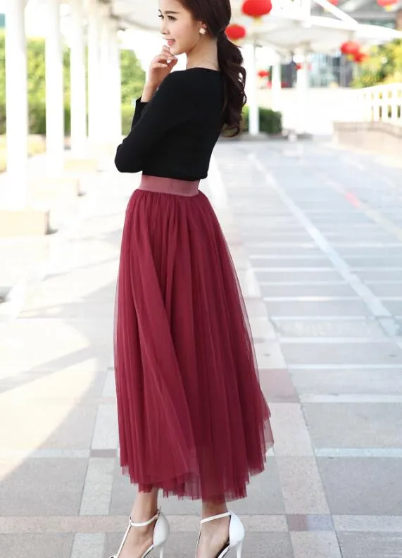 Hoombox Wine Red Tulle Long Skirt, Women Tulle Skirts, Fashionable Women Skirts