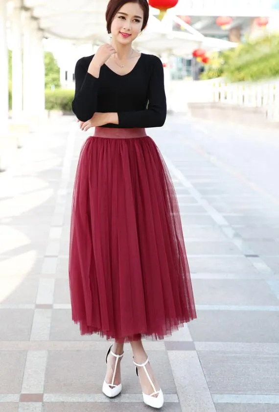 Hoombox Wine Red Tulle Long Skirt, Women Tulle Skirts, Fashionable Women Skirts