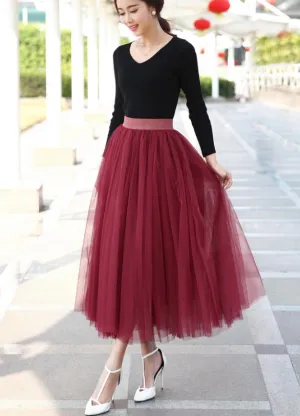 Hoombox Wine Red Tulle Long Skirt, Women Tulle Skirts, Fashionable Women Skirts