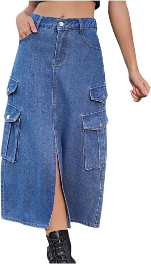 Jean Skirts for Women Multi-Pocket Denim Cargo Skirt High Waisted Pencil Skirt Casual Loose Split Hem Y2K Midi Skirt