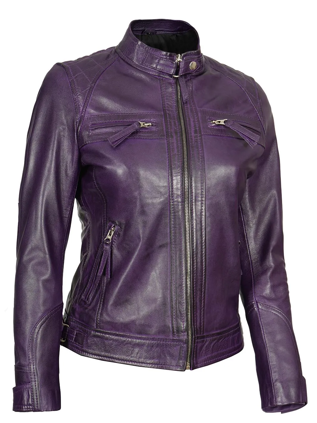 Johnson Women's Purple Quilted Café Racer Leather Jacket