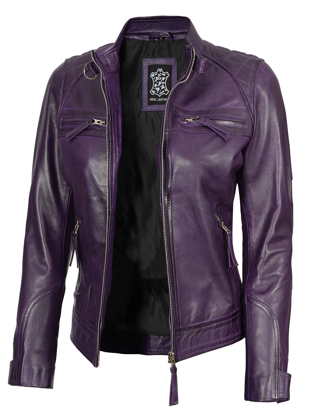 Johnson Women's Purple Quilted Café Racer Leather Jacket