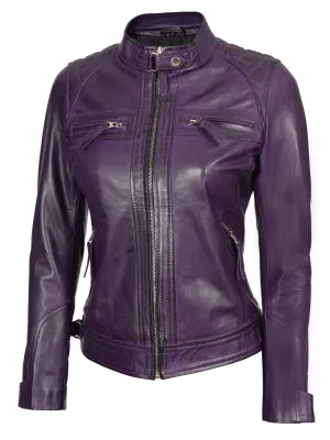 Johnson Women's Purple Quilted Café Racer Leather Jacket