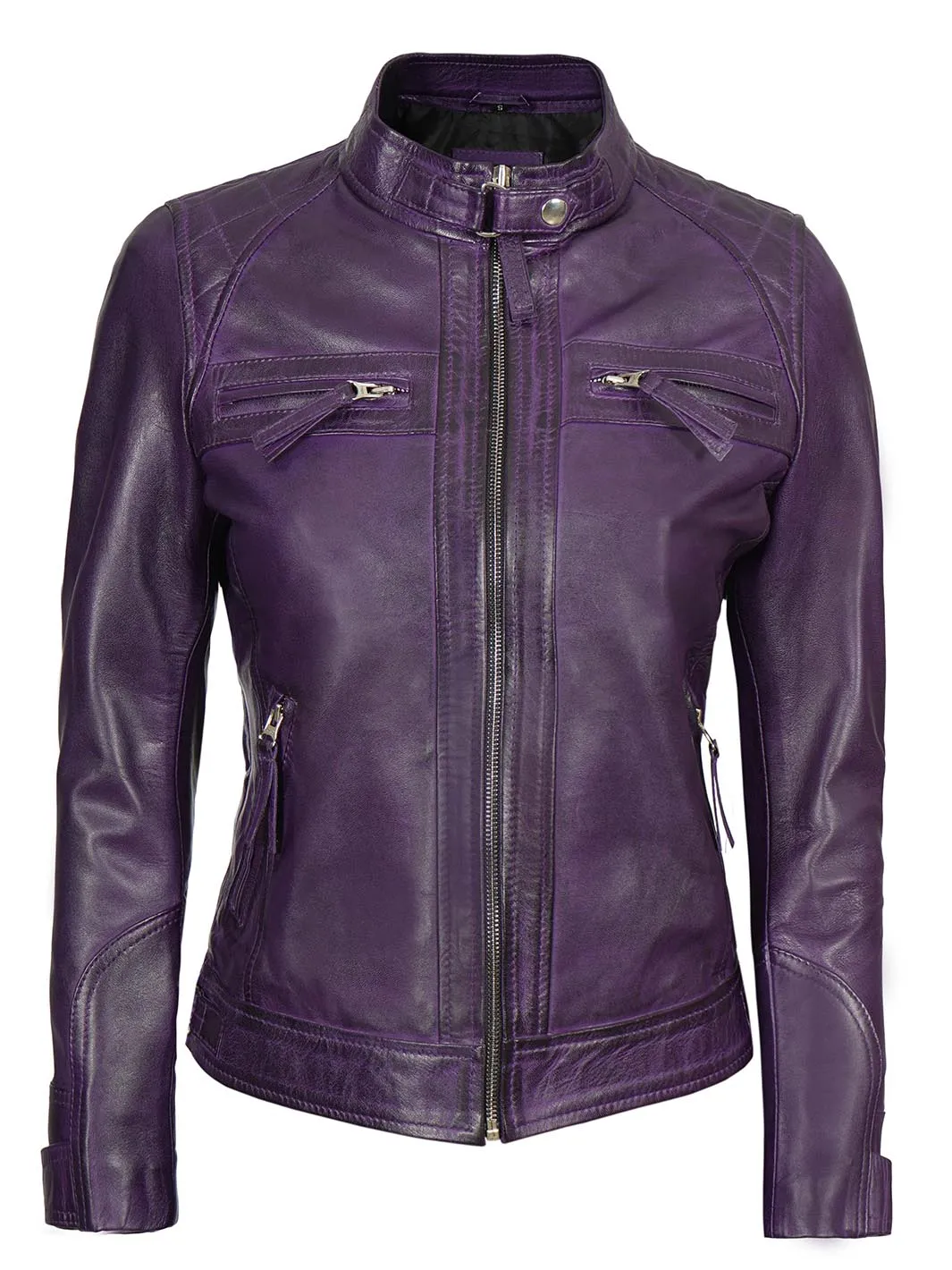 Johnson Women's Purple Quilted Café Racer Leather Jacket