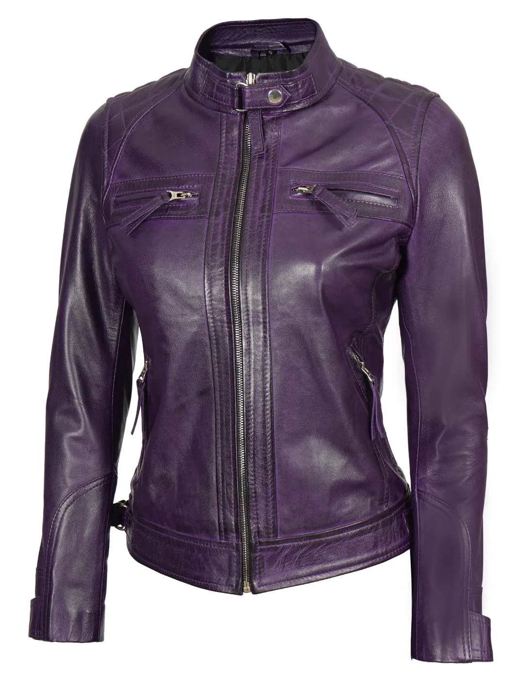 Johnson Women's Purple Quilted Café Racer Leather Jacket