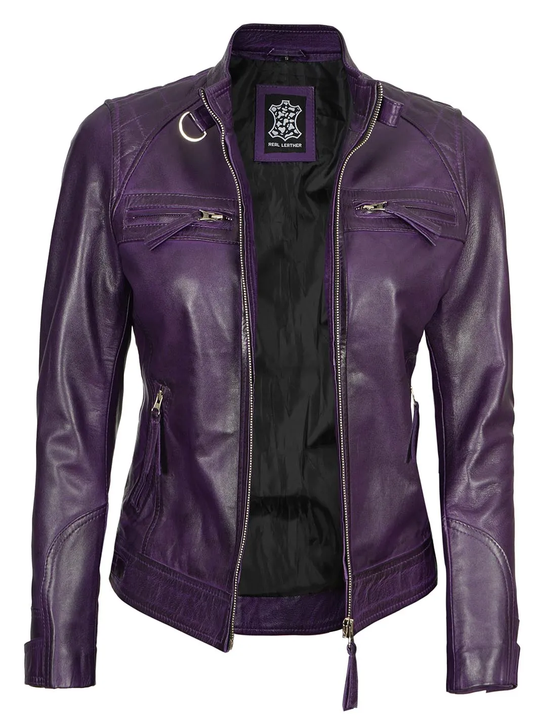 Johnson Women's Purple Quilted Café Racer Leather Jacket