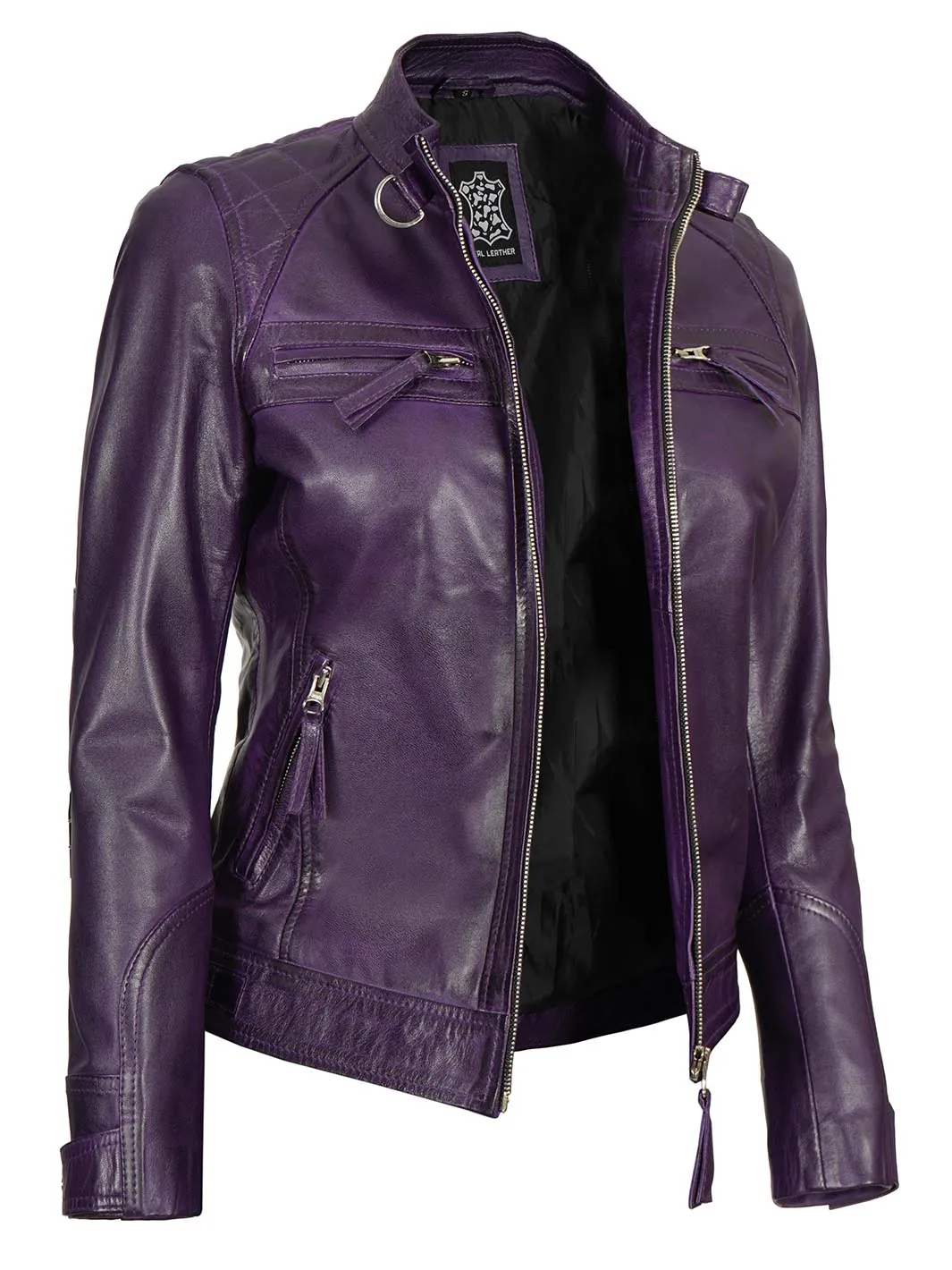 Johnson Women's Purple Quilted Café Racer Leather Jacket
