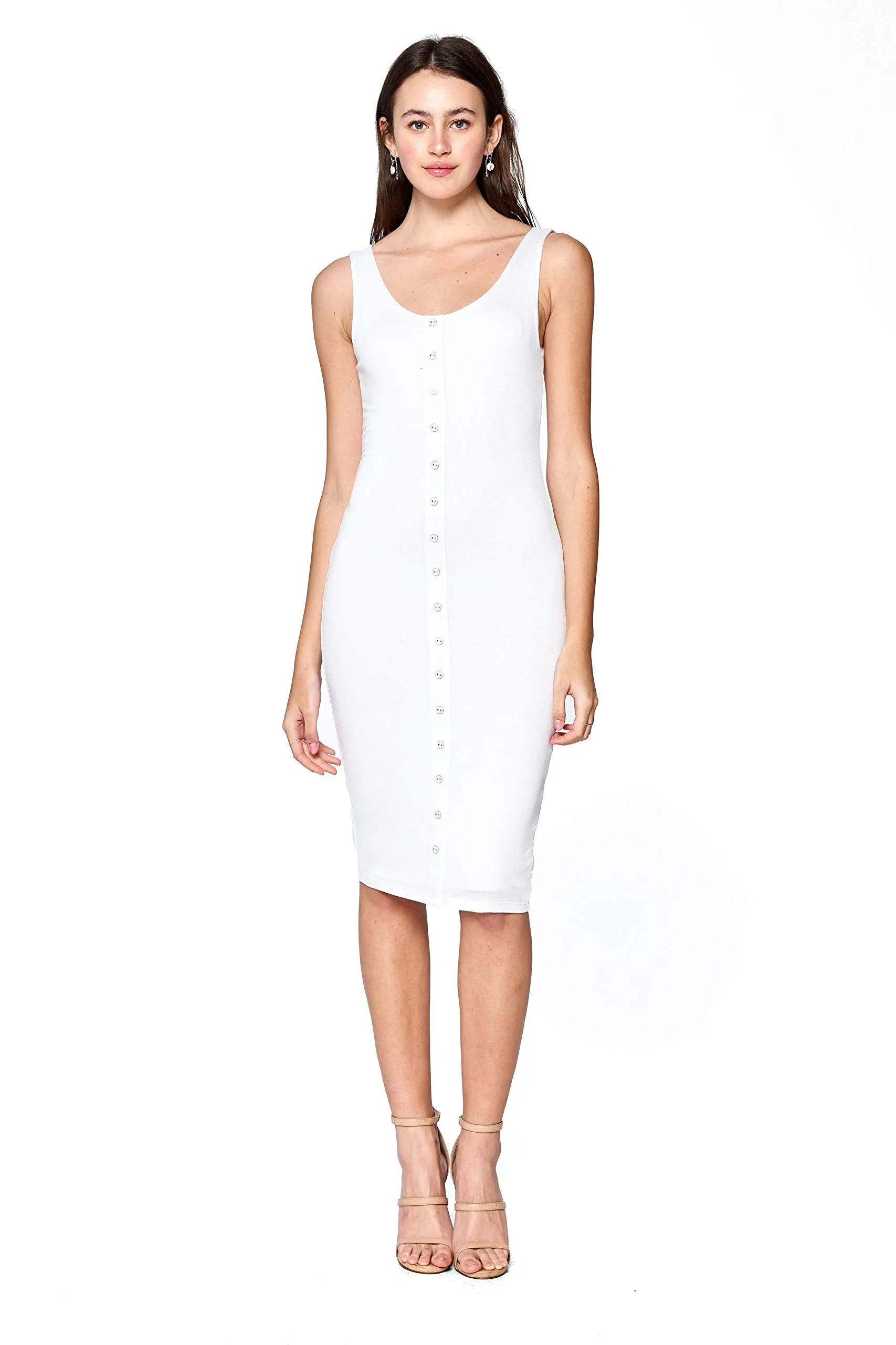 Khanomak Women's Sleeveless Bodycon Button Front Tank Midi Dress