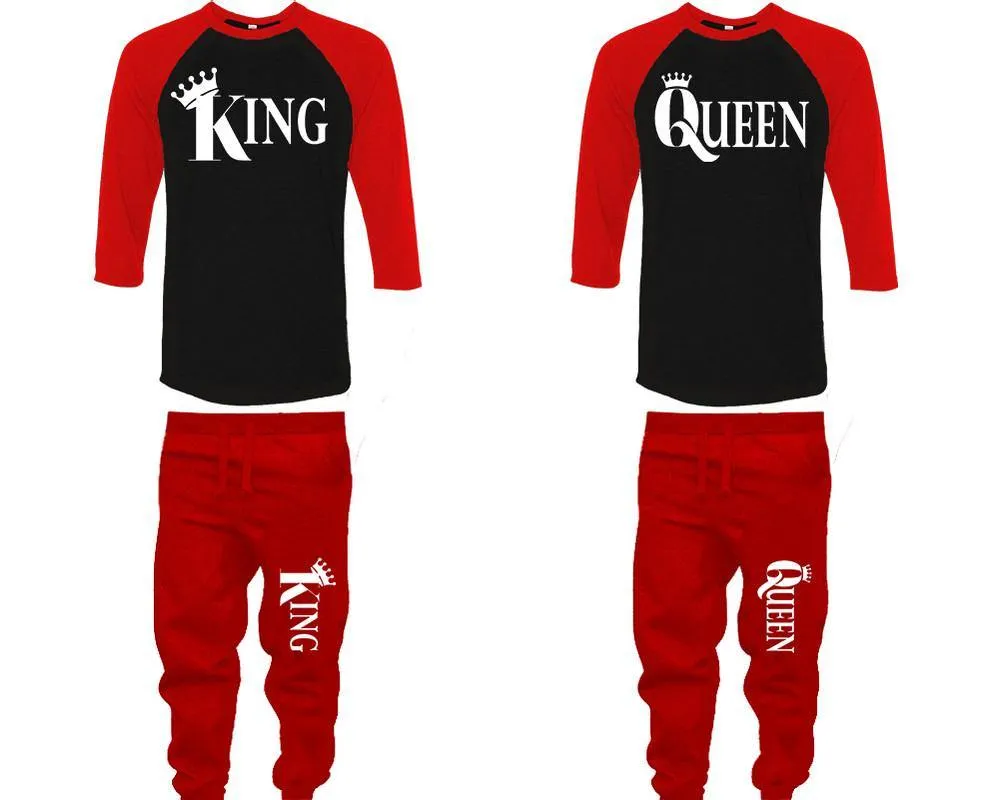 King & Queen Couple Matching Baseball Shirts and Jogger Pants Set – 4-Piece Top & Bottom Sold Separately | Unisex Fashion for Men & Women