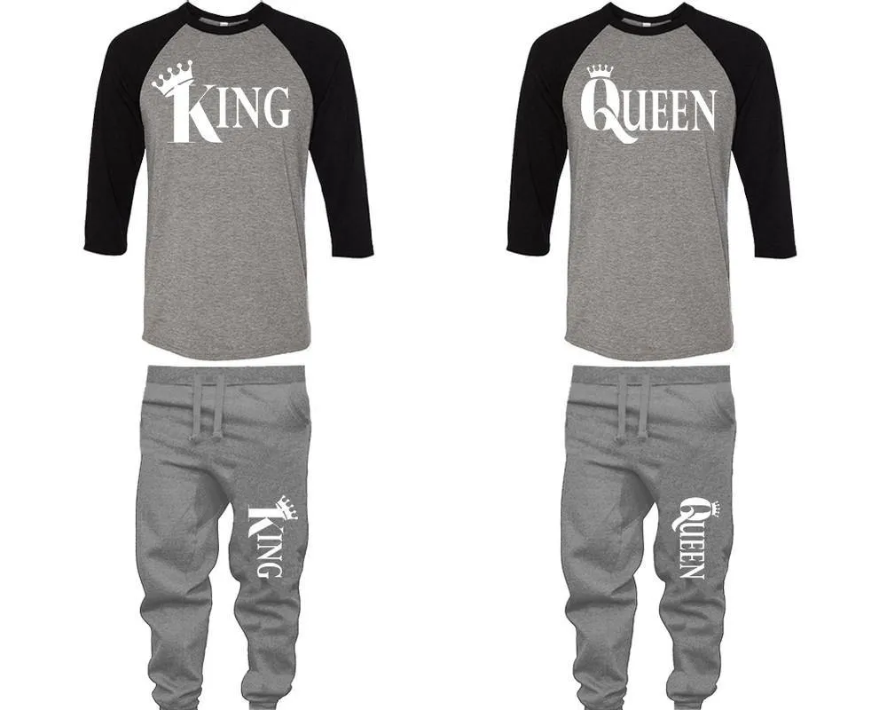 King & Queen Couple Matching Baseball Shirts and Jogger Pants Set – 4-Piece Top & Bottom Sold Separately | Unisex Fashion for Men & Women