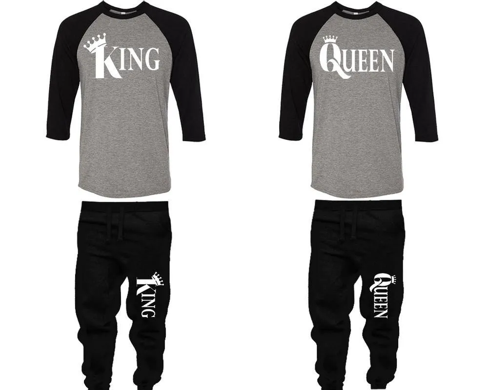 King & Queen Couple Matching Baseball Shirts and Jogger Pants Set – 4-Piece Top & Bottom Sold Separately | Unisex Fashion for Men & Women