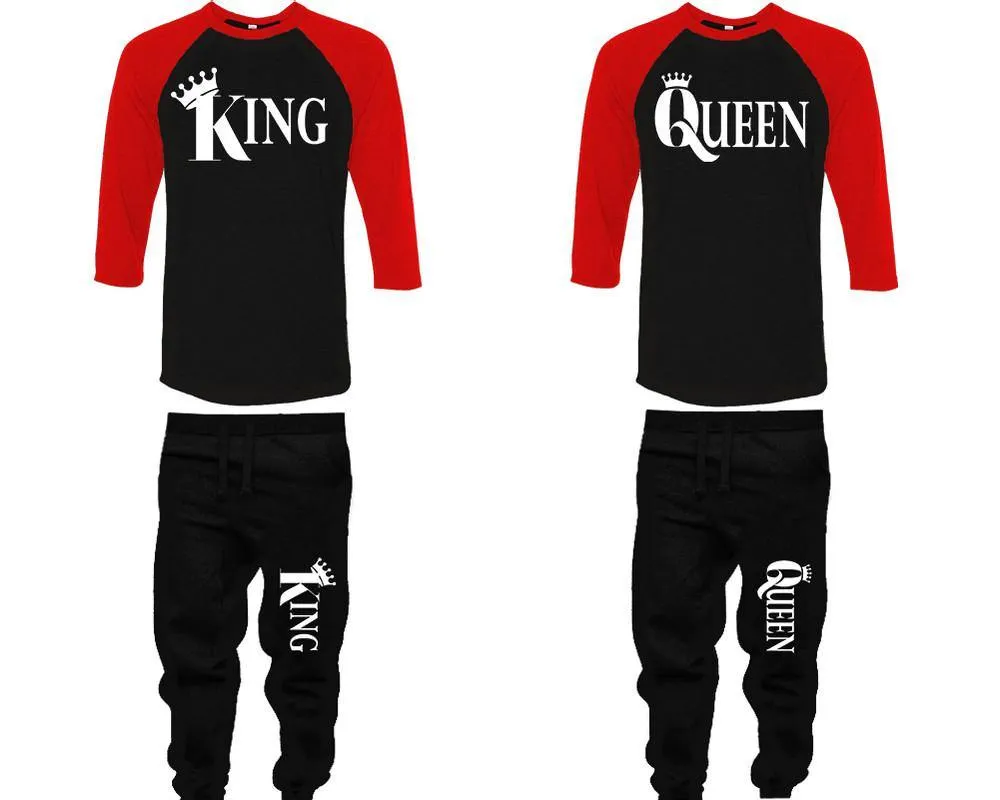 King & Queen Couple Matching Baseball Shirts and Jogger Pants Set – 4-Piece Top & Bottom Sold Separately | Unisex Fashion for Men & Women