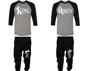 King & Queen Couple Matching Baseball Shirts and Jogger Pants Set – 4-Piece Top & Bottom Sold Separately | Unisex Fashion for Men & Women