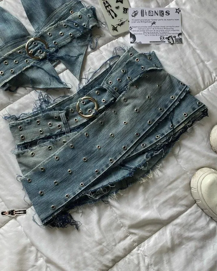 Leather Spliced Denim Black Two Piece Set | Gothic Long Sleeve Zipper Jacket Mini Pleated Skirt