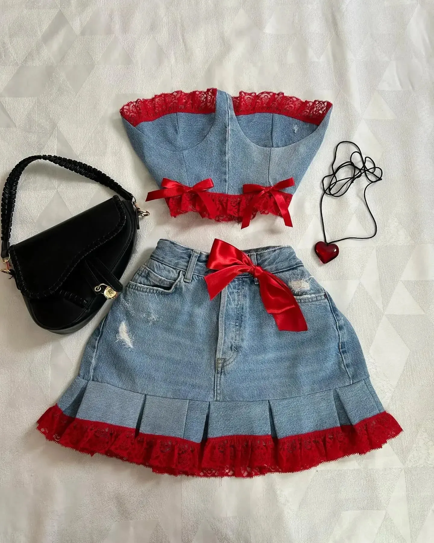 Leather Spliced Denim Black Two Piece Set | Gothic Long Sleeve Zipper Jacket Mini Pleated Skirt