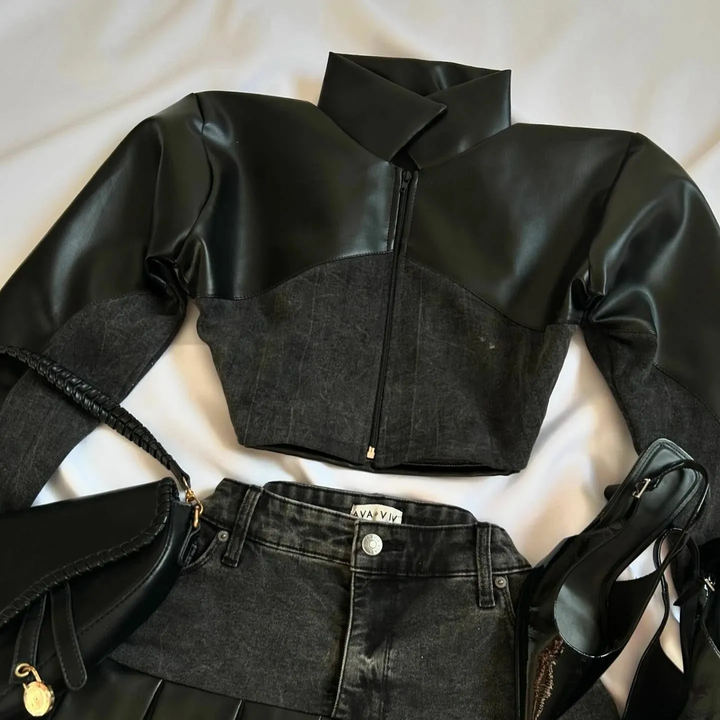Leather Spliced Denim Black Two Piece Set | Gothic Long Sleeve Zipper Jacket Mini Pleated Skirt