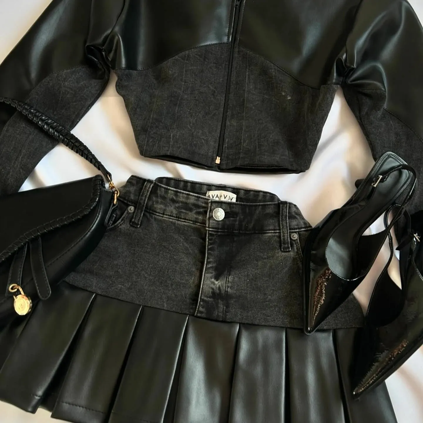 Leather Spliced Denim Black Two Piece Set | Gothic Long Sleeve Zipper Jacket Mini Pleated Skirt