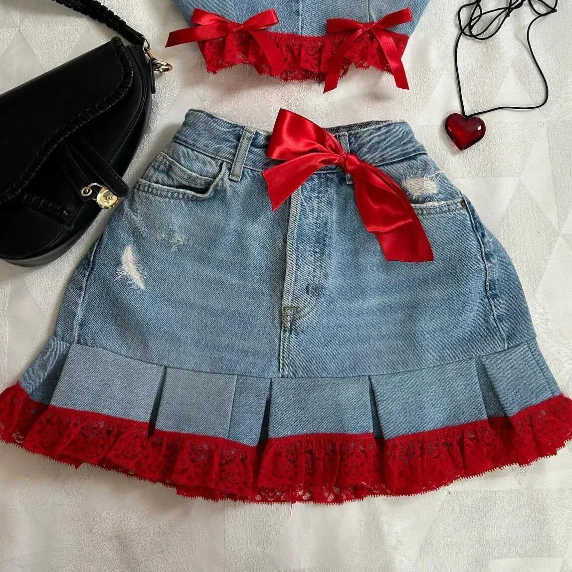 Leather Spliced Denim Black Two Piece Set | Gothic Long Sleeve Zipper Jacket Mini Pleated Skirt