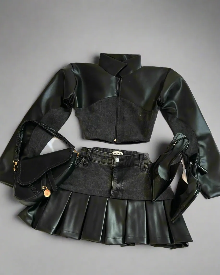 Leather Spliced Denim Black Two Piece Set | Gothic Long Sleeve Zipper Jacket Mini Pleated Skirt