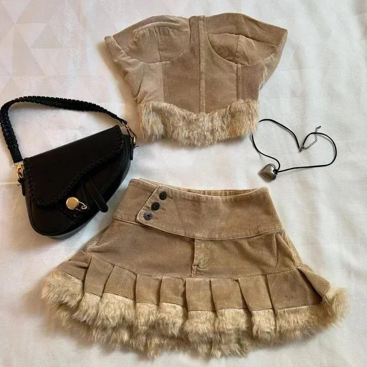 Leather Spliced Denim Black Two Piece Set | Gothic Long Sleeve Zipper Jacket Mini Pleated Skirt