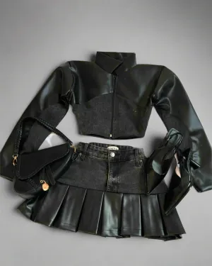 Leather Spliced Denim Black Two Piece Set | Gothic Long Sleeve Zipper Jacket Mini Pleated Skirt