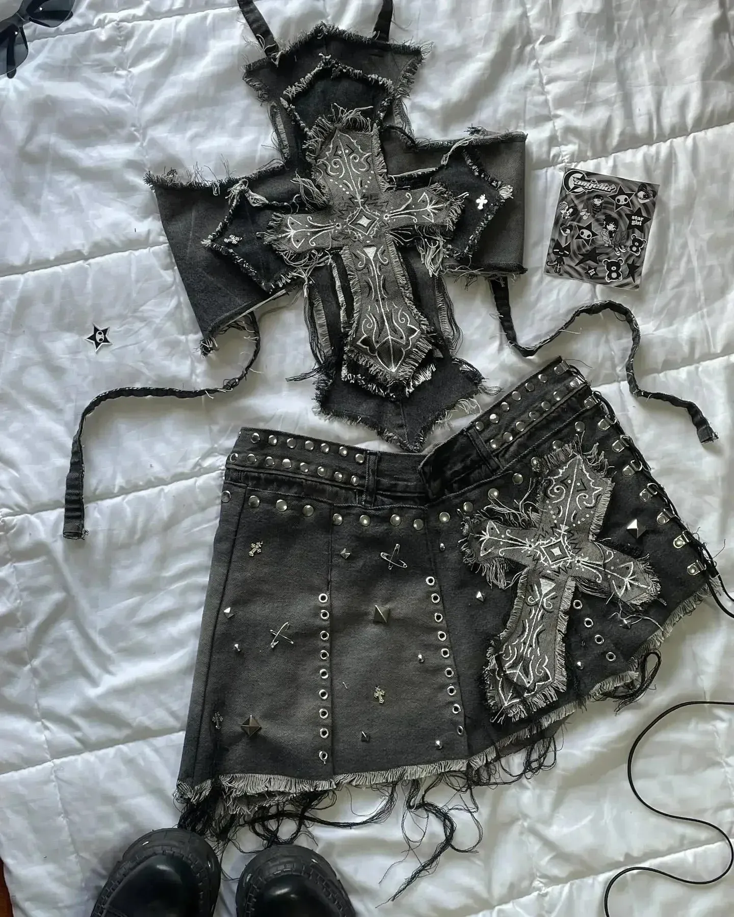 Leather Spliced Denim Black Two Piece Set | Gothic Long Sleeve Zipper Jacket Mini Pleated Skirt