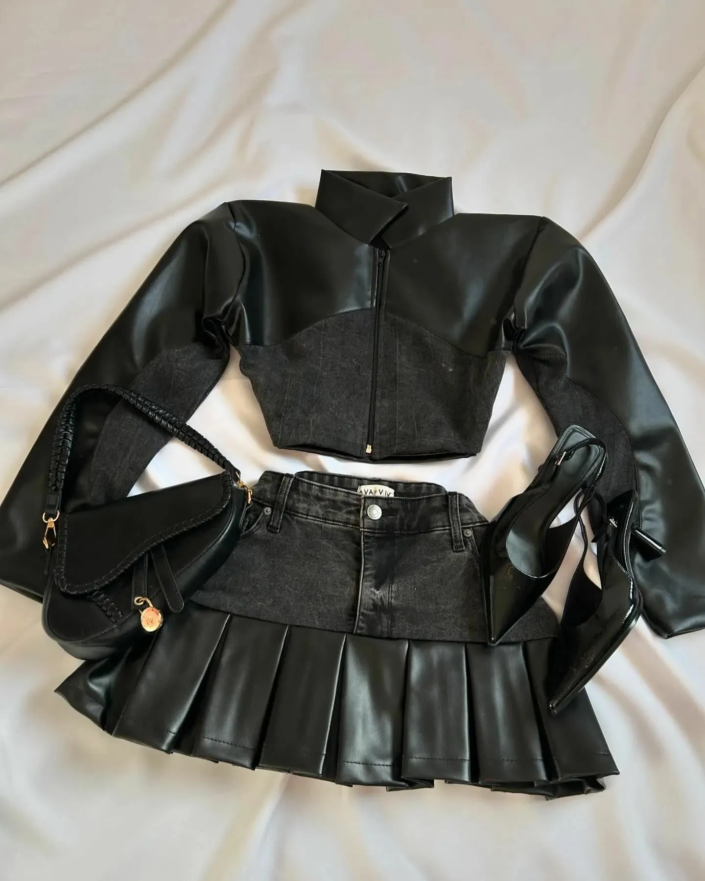Leather Spliced Denim Black Two Piece Set | Gothic Long Sleeve Zipper Jacket Mini Pleated Skirt