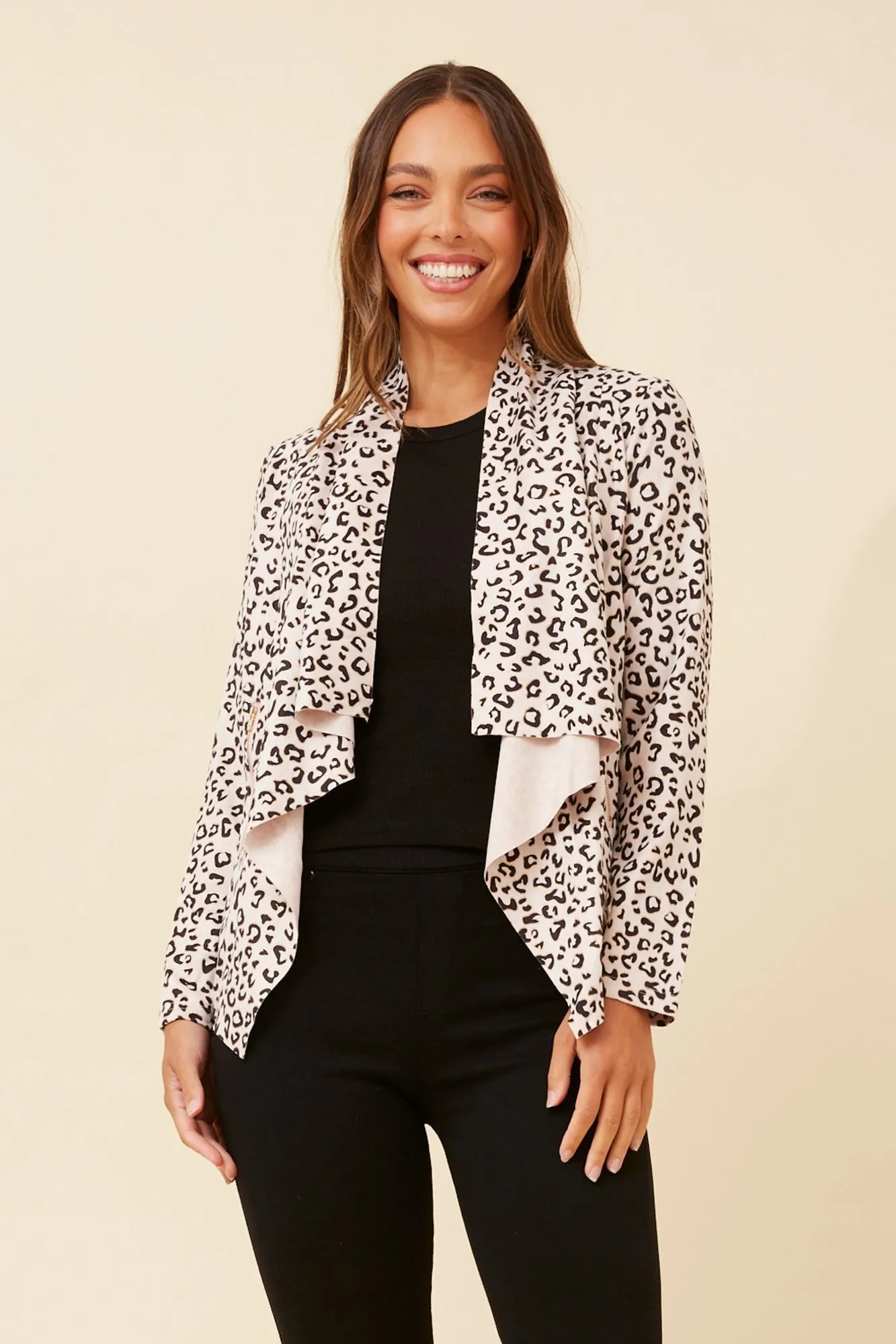 LENI ANIMAL PRINT FAUX SUEDE CARDIGAN