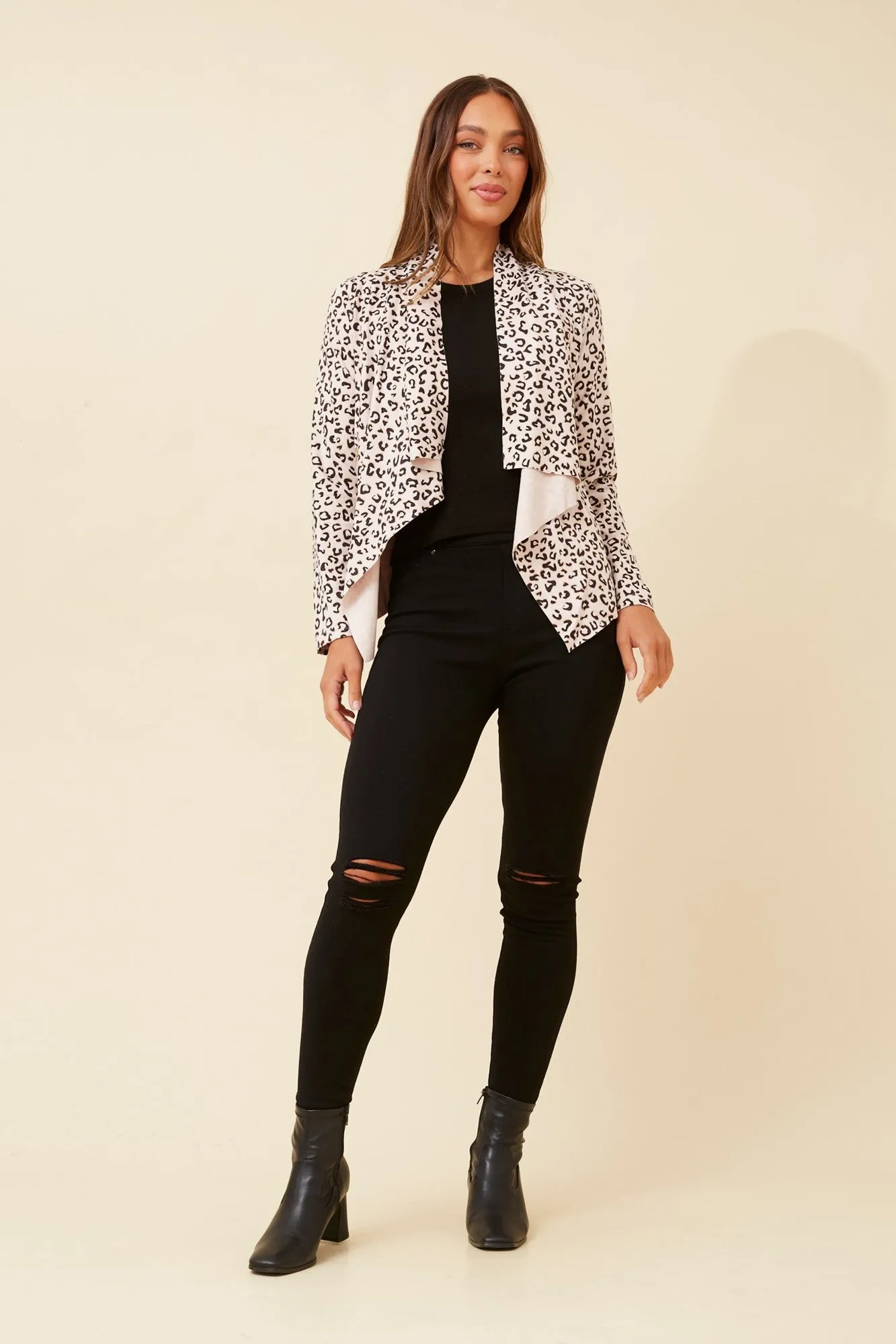 LENI ANIMAL PRINT FAUX SUEDE CARDIGAN